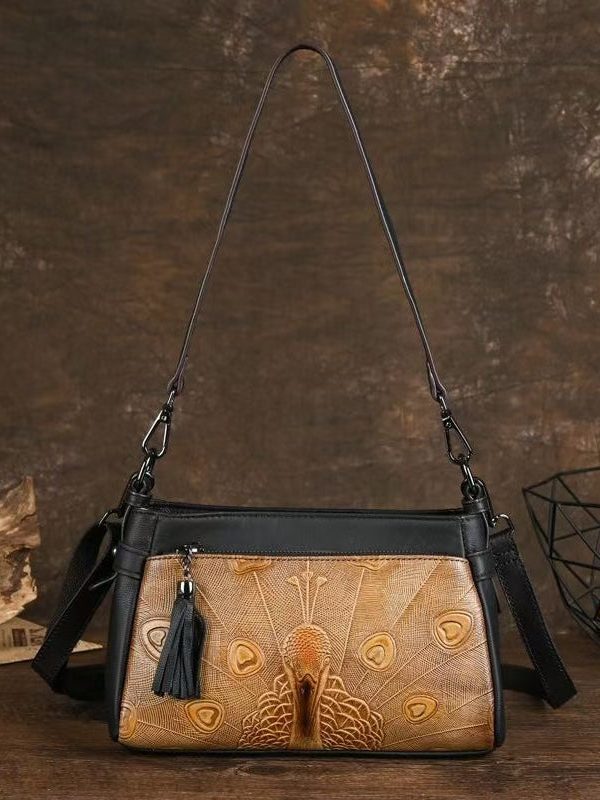 Handmade Black Animal Embossed Calf Leather Satchel Handbag