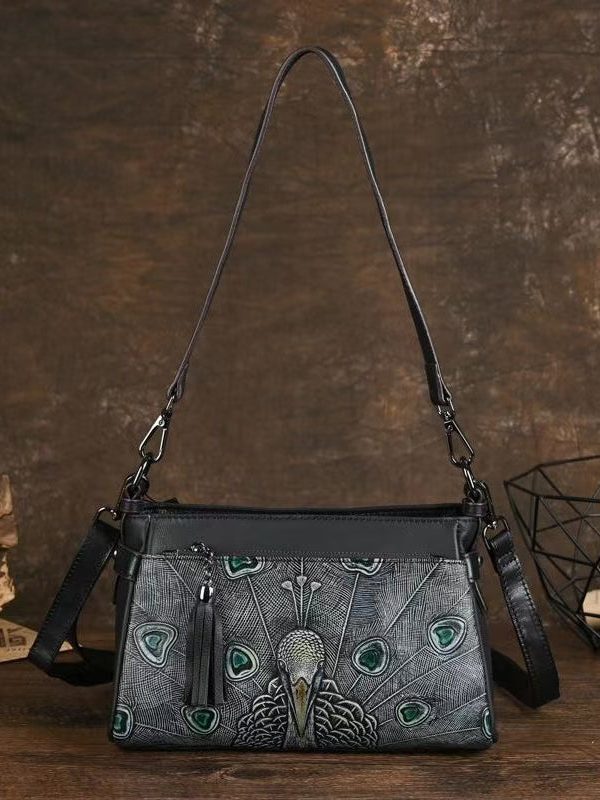 Handmade Black Animal Embossed Calf Leather Satchel Handbag