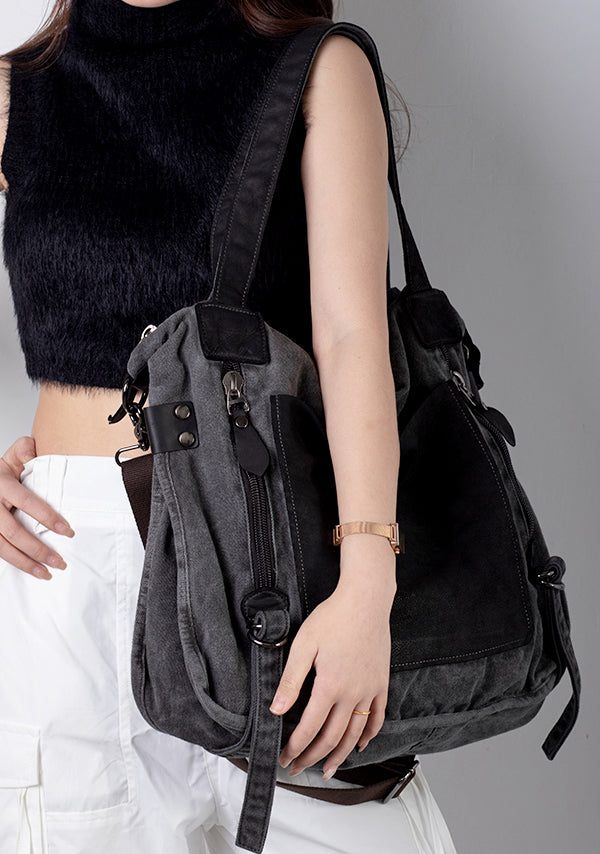 Handmade Black Canvas Patchwork Faux Leather Messenger Bag