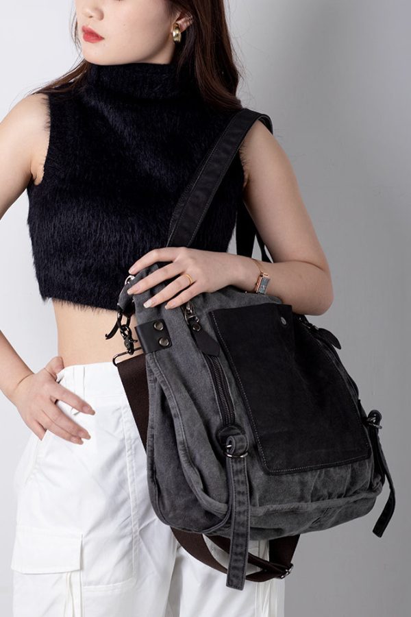 Handmade Black Canvas Patchwork Faux Leather Messenger Bag