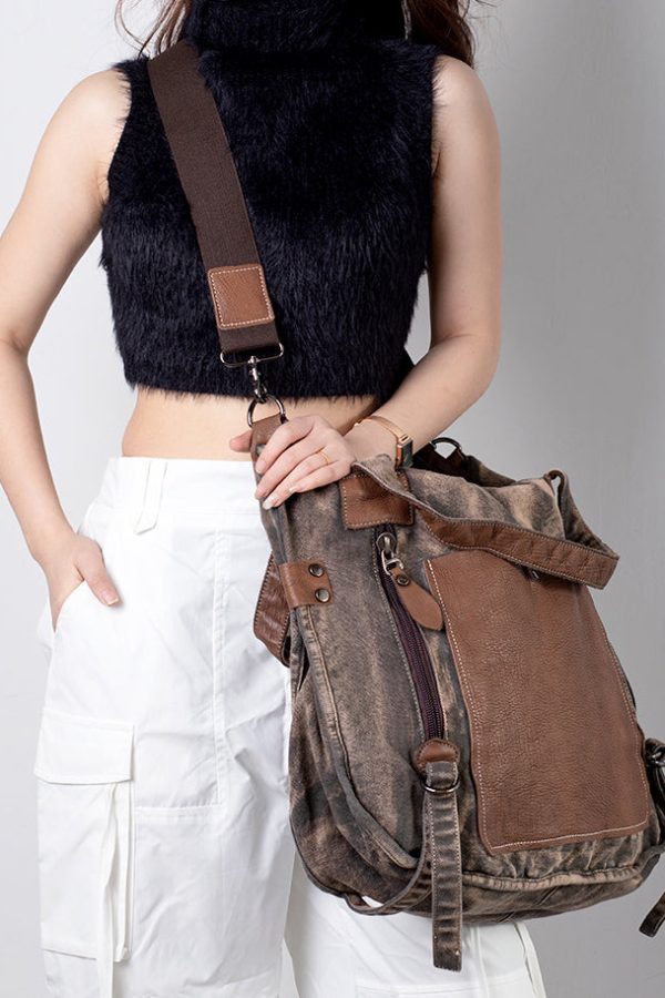 Handmade Black Canvas Patchwork Faux Leather Messenger Bag