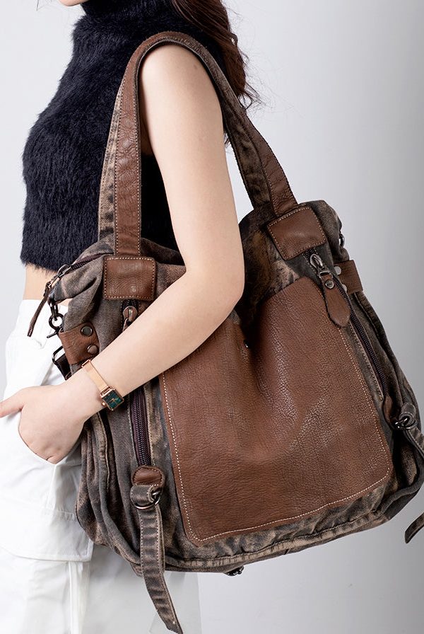 Handmade Black Canvas Patchwork Faux Leather Messenger Bag