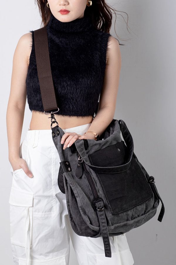 Handmade Black Canvas Patchwork Faux Leather Messenger Bag