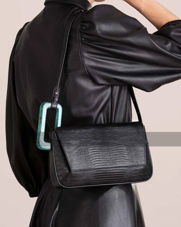 Handmade Black Geometric Shape Asymmetrical Design Faux Leather Women Handbag