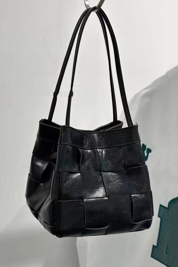 Handmade Black Plaid Patchwork Faux Leather Satchel Handbag