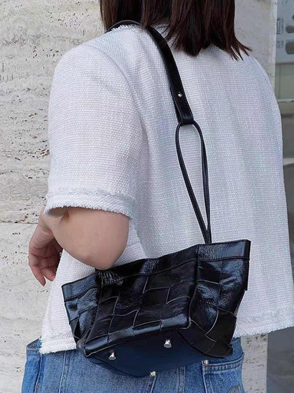 Handmade Black Plaid Patchwork Faux Leather Satchel Handbag