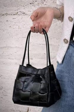 Handmade Black Plaid Patchwork Faux Leather Satchel Handbag