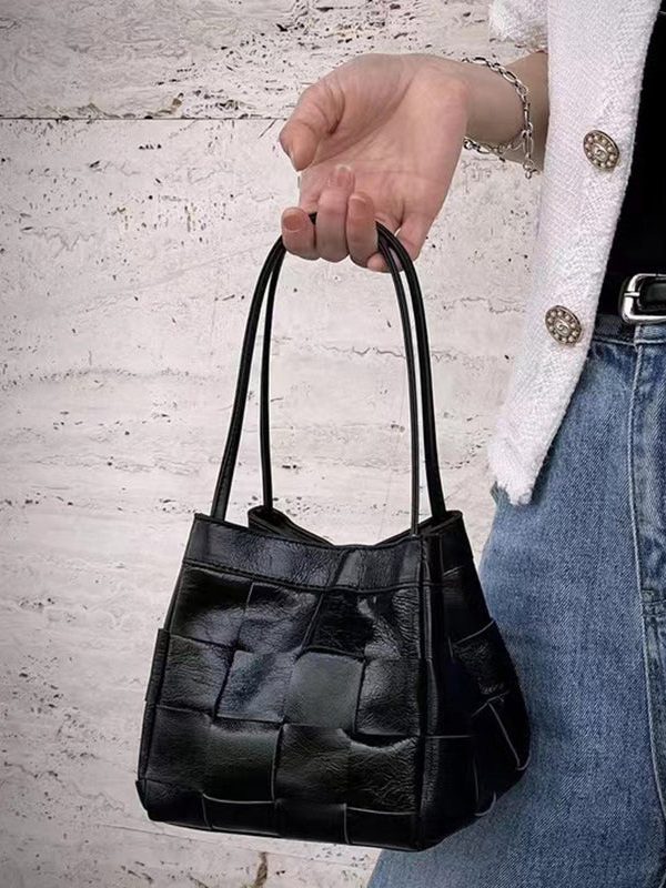 Handmade Black Plaid Patchwork Faux Leather Satchel Handbag