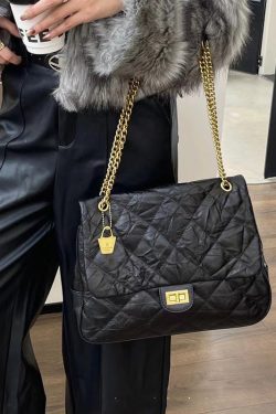 Handmade Black Plaid Wrinkled Faux Leather Flap Bag