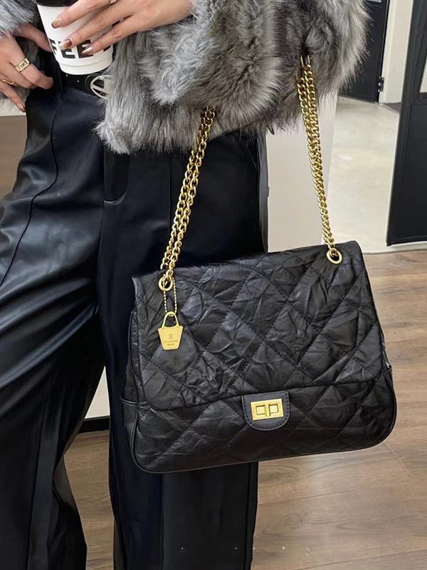 Handmade Black Plaid Wrinkled Faux Leather Flap Bag