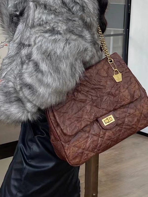 Handmade Black Plaid Wrinkled Faux Leather Flap Bag