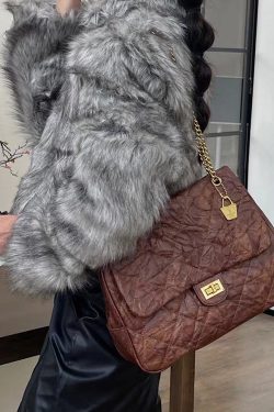 Handmade Black Plaid Wrinkled Faux Leather Flap Bag