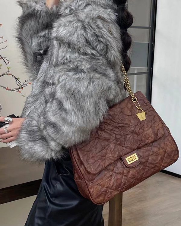 Handmade Black Plaid Wrinkled Faux Leather Flap Bag