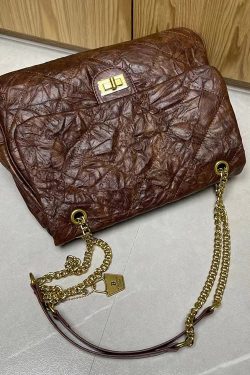 Handmade Black Plaid Wrinkled Faux Leather Flap Bag