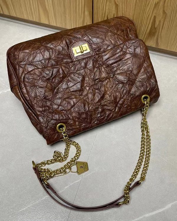 Handmade Black Plaid Wrinkled Faux Leather Flap Bag