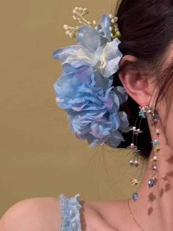 Handmade Blue Alloy Butterfly Floral Pearl Hairpin