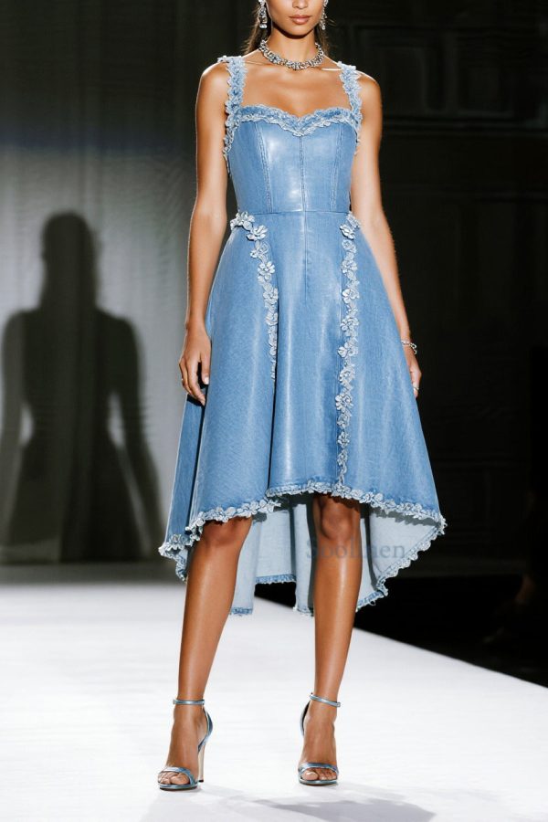 Handmade Blue Floral Decorated Exra Large Hem Denim Sundress Summer