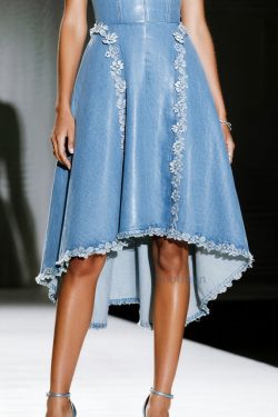 Handmade Blue Floral Decorated Exra Large Hem Denim Sundress Summer