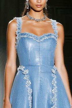 Handmade Blue Floral Decorated Exra Large Hem Denim Sundress Summer