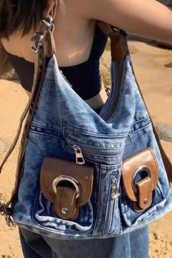 Handmade Blue Large Capacity Versatile Denim Satchel Handbag