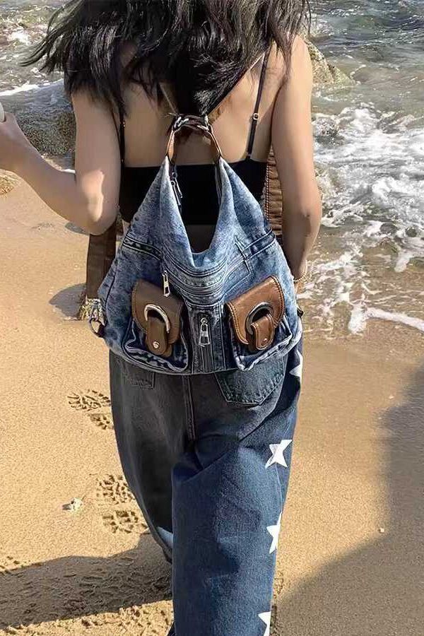 Handmade Blue Large Capacity Versatile Denim Satchel Handbag