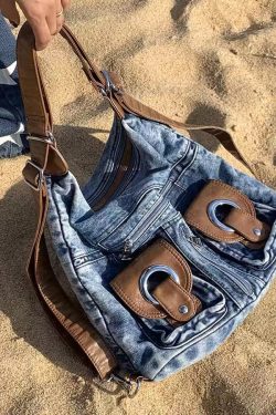 Handmade Blue Large Capacity Versatile Denim Satchel Handbag