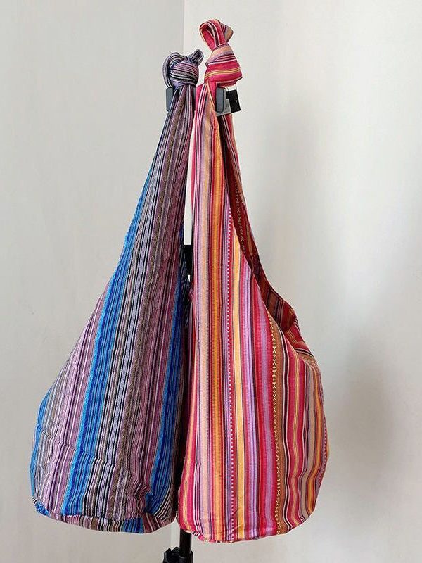 Handmade Blue Striped High-capacity Cotton And Linen Messenger Bag