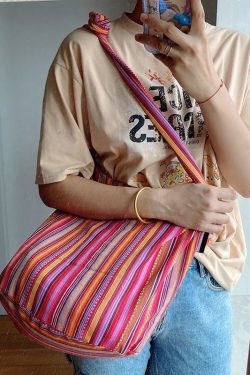 Handmade Blue Striped High-capacity Cotton And Linen Messenger Bag