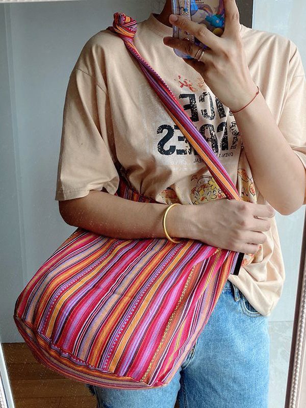 Handmade Blue Striped High-capacity Cotton And Linen Messenger Bag