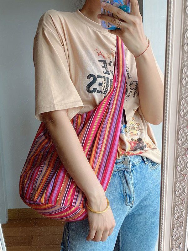 Handmade Blue Striped High-capacity Cotton And Linen Messenger Bag