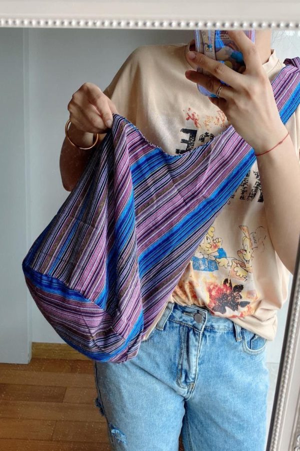 Handmade Blue Striped High-capacity Cotton And Linen Messenger Bag