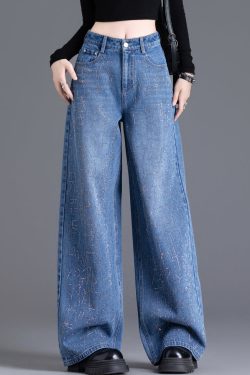 Handmade Blue Zircon Pockets High Waist Denim Wide Leg Pants Spring