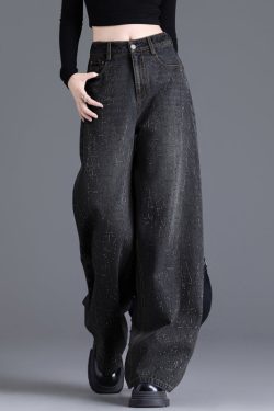 Handmade Blue Zircon Pockets High Waist Denim Wide Leg Pants Spring