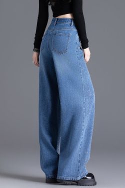 Handmade Blue Zircon Pockets High Waist Denim Wide Leg Pants Spring