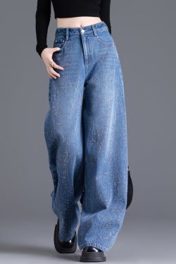 Handmade Blue Zircon Pockets High Waist Denim Wide Leg Pants Spring