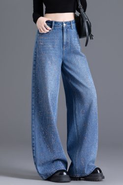 Handmade Blue Zircon Pockets High Waist Denim Wide Leg Pants Spring