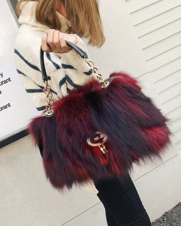 Handmade Boutique Grey Fox Fur Satchel Handbag