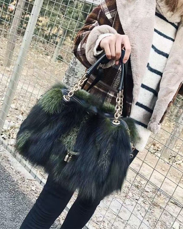Handmade Boutique Grey Fox Fur Satchel Handbag