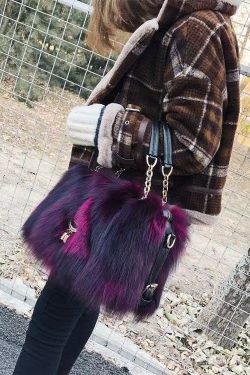 Handmade Boutique Grey Fox Fur Satchel Handbag