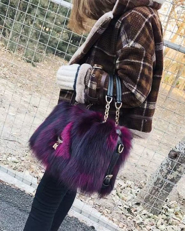 Handmade Boutique Grey Fox Fur Satchel Handbag