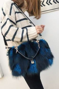 Handmade Boutique Grey Fox Fur Satchel Handbag