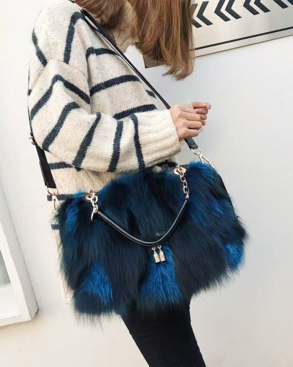 Handmade Boutique Grey Fox Fur Satchel Handbag