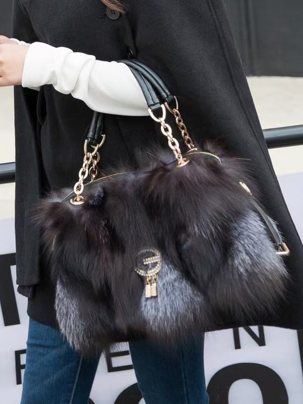 Handmade Boutique Grey Fox Fur Satchel Handbag