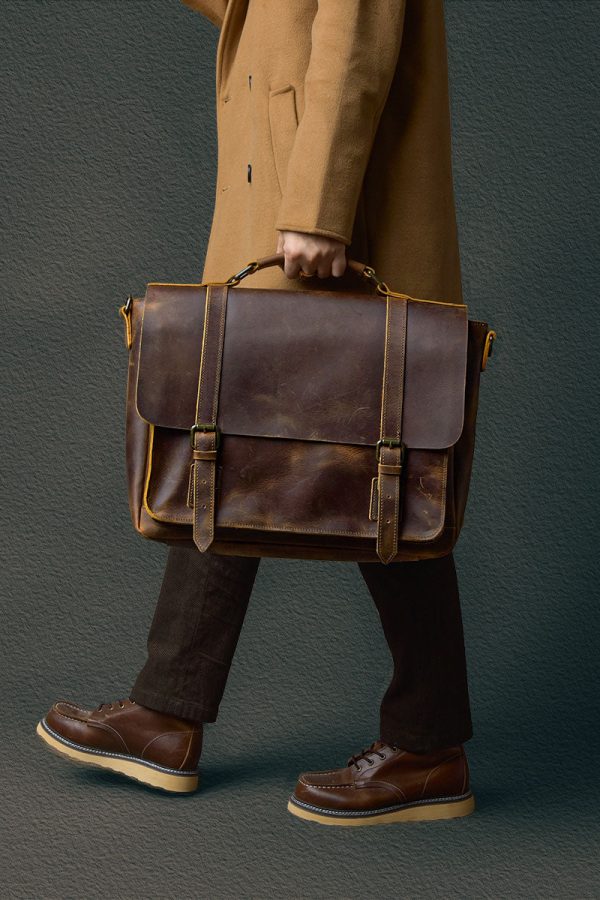 Handmade Brown Calf Leather Computer Package Tote Handbag