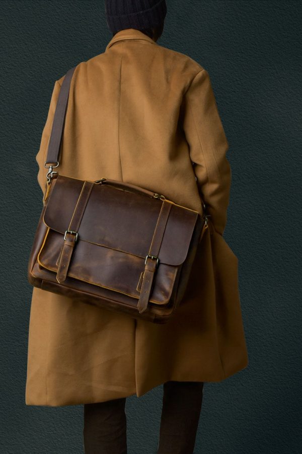 Handmade Brown Calf Leather Computer Package Tote Handbag