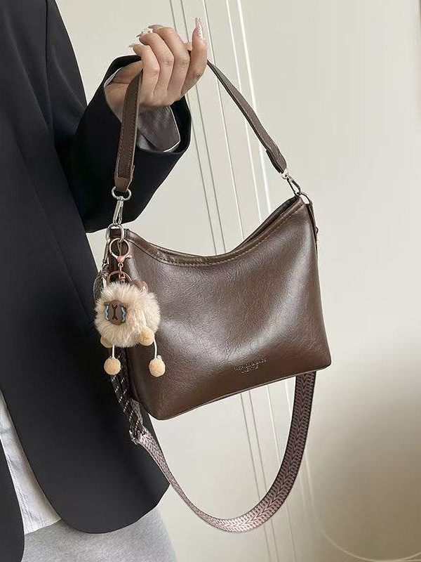 Handmade Brown Fuzzy Ball Decorated Faux Leather Side Pack