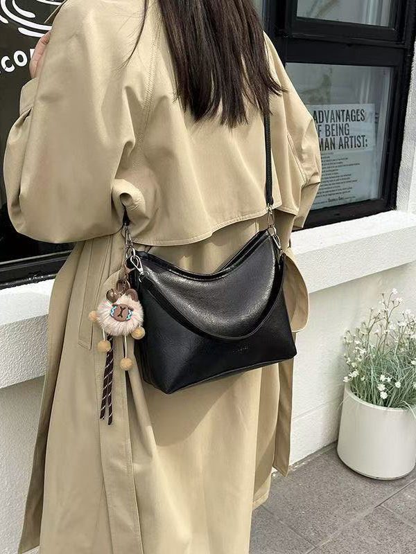 Handmade Brown Fuzzy Ball Decorated Faux Leather Side Pack