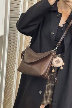 Handmade Brown Fuzzy Ball Decorated Faux Leather Side Pack