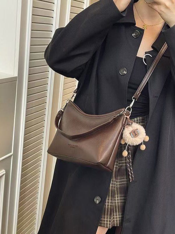 Handmade Brown Fuzzy Ball Decorated Faux Leather Side Pack