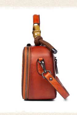 Handmade Brown Jacquard Chinese Style Calf Leather Tote Handbag